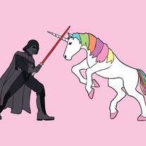 Unicorn fighting Darth Vader, 5x7 print