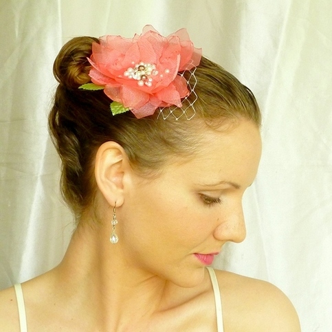 Coral Hair Flower with Pearls