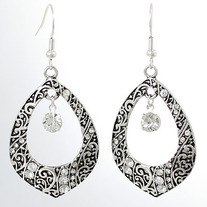 Silver Open Teardrop Scroll Earrings w/ Center CZ Drop
