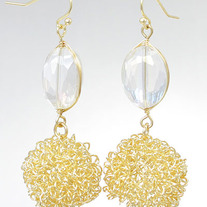 Clear Crystal Wrapped Gold Woven Ball Drop Earrings 