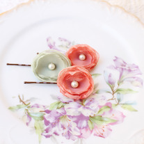Mint and Salmon - Set of 3 Flower Bobby Pins