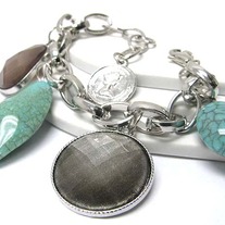 TURQUOISE STONE AND FACETED GLASS COIN CHARM BRACELET 