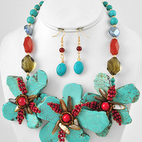 Chunky Turquoise & Red Berry Cluster Necklace Set