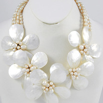 White Shell & Freshwater Pearl Dogwood Flower Cluster Multi Strand Necklace