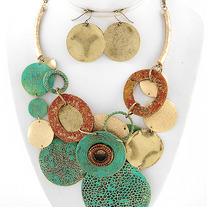 Burnished Gold Green & Brown Patina Finish Metal Disk Cluster Necklace Set