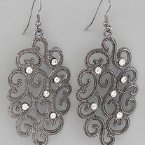 Hematite Filigree Swirl Earrings with Crystals