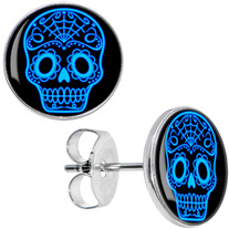 ROCKER STYLE NEON BLUE SUGAR SKULL "Día de los Muertos" STUD EARRINGS