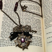 goth victorian bronze star medal pendant purple gem black ribbon locket necklace
