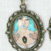 "Blue Pin-Up" Antique Bronze Gothic Art Pendant Necklace