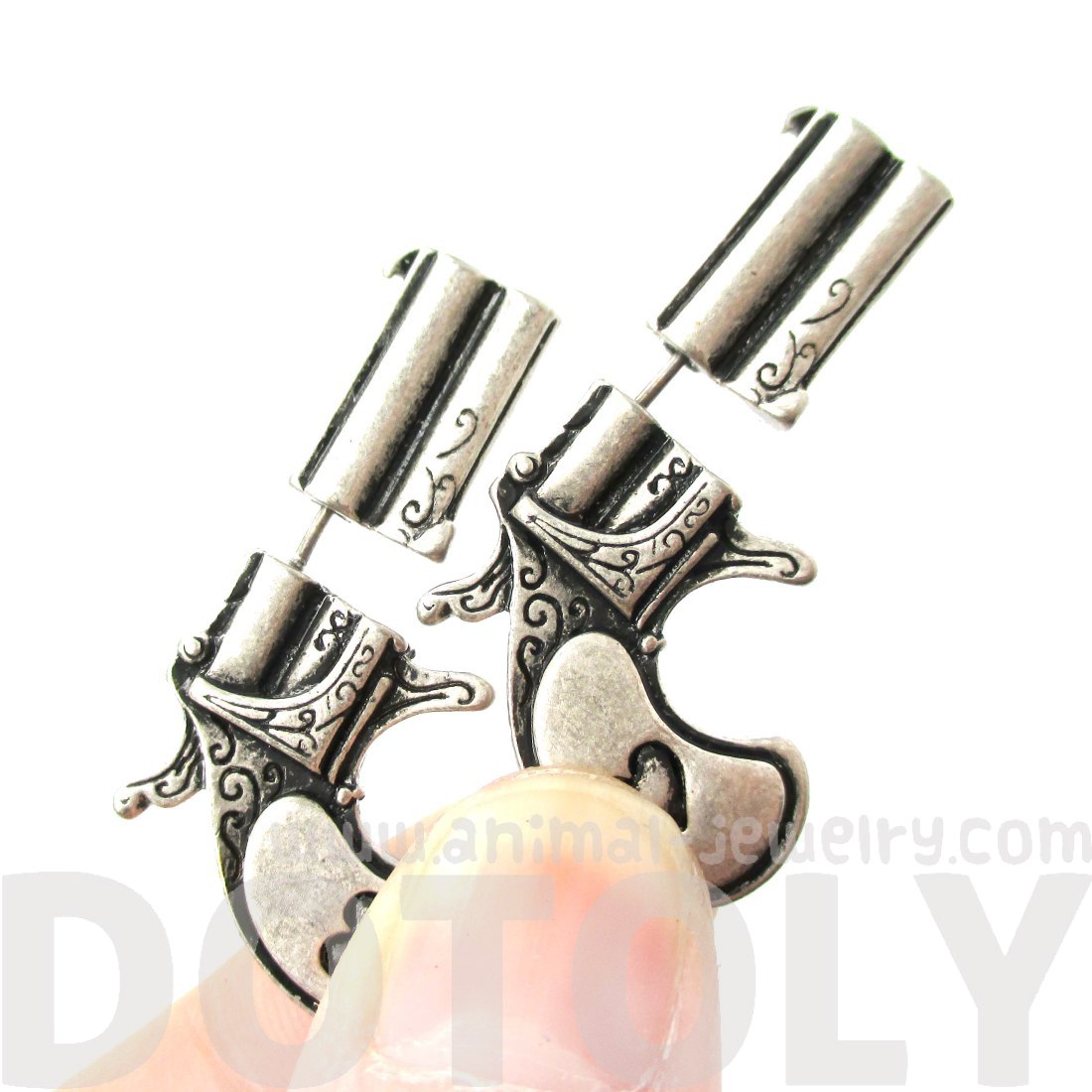 3D Fake Gauge Realistic Double Pistol Gun Stud Earrings In Silver on