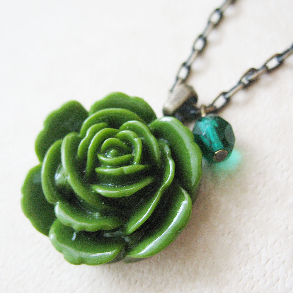 Green Rose Necklace. Forest Green Flower Necklace. Spring Jewelry