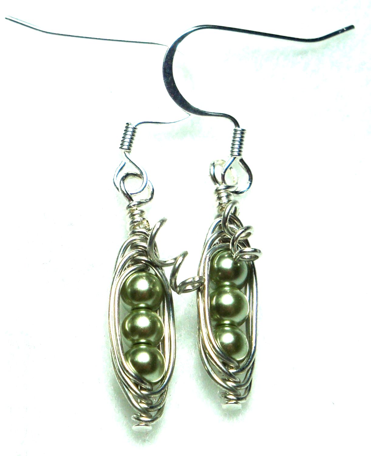 Three Peas In A Pod Earring & Pendant Set, Green Pearls & Silver Wire