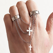 Silver Chain Cross Two 2 Finger Ring Double Adjustable 