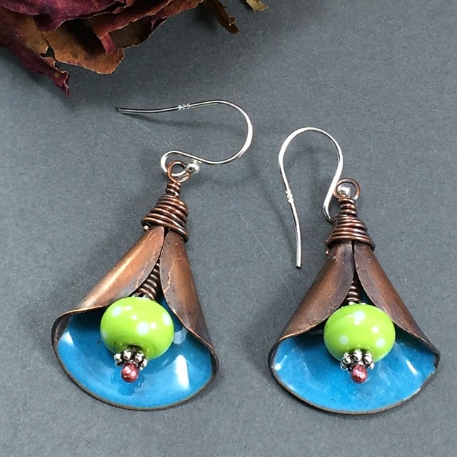 Blue Enameled Copper Lily Earrings with lampwork beads on Storenvy
