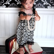 Black and White Damask Satin Lace Baby Girls Vintage Style  Bubble Romper 