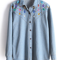Denim Blouse with colorful diamound