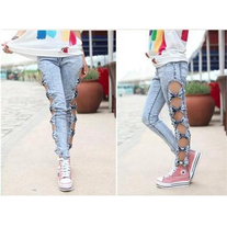 Cutout Bow Acid Wash Denim Leggings