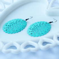 Large Oval Filigree Cutout Turquoise Dangle Earrings