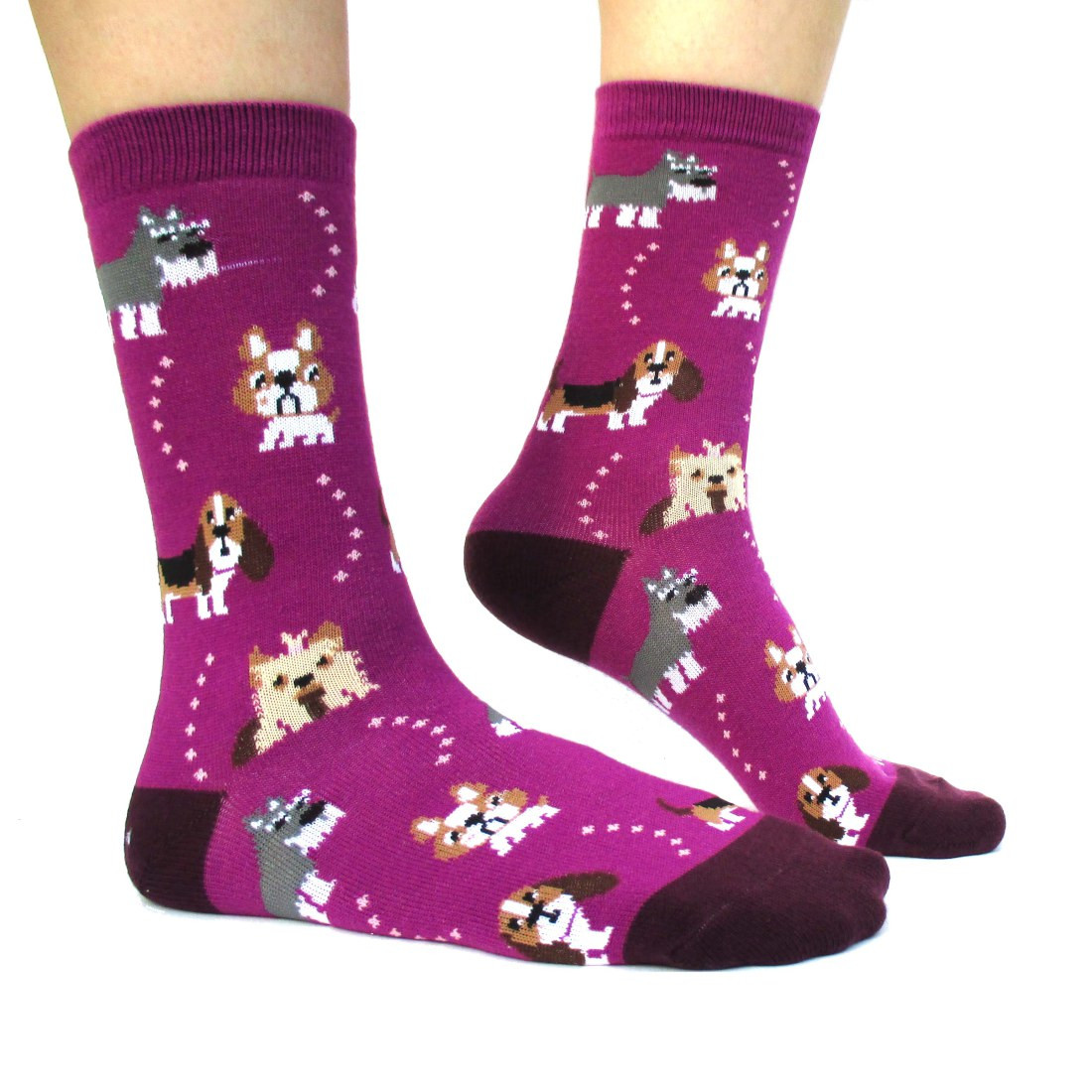 French Bulldog Cesky Yorkshire Terrier Basset Hound Novelty Dog Print Socks for Women in Purple