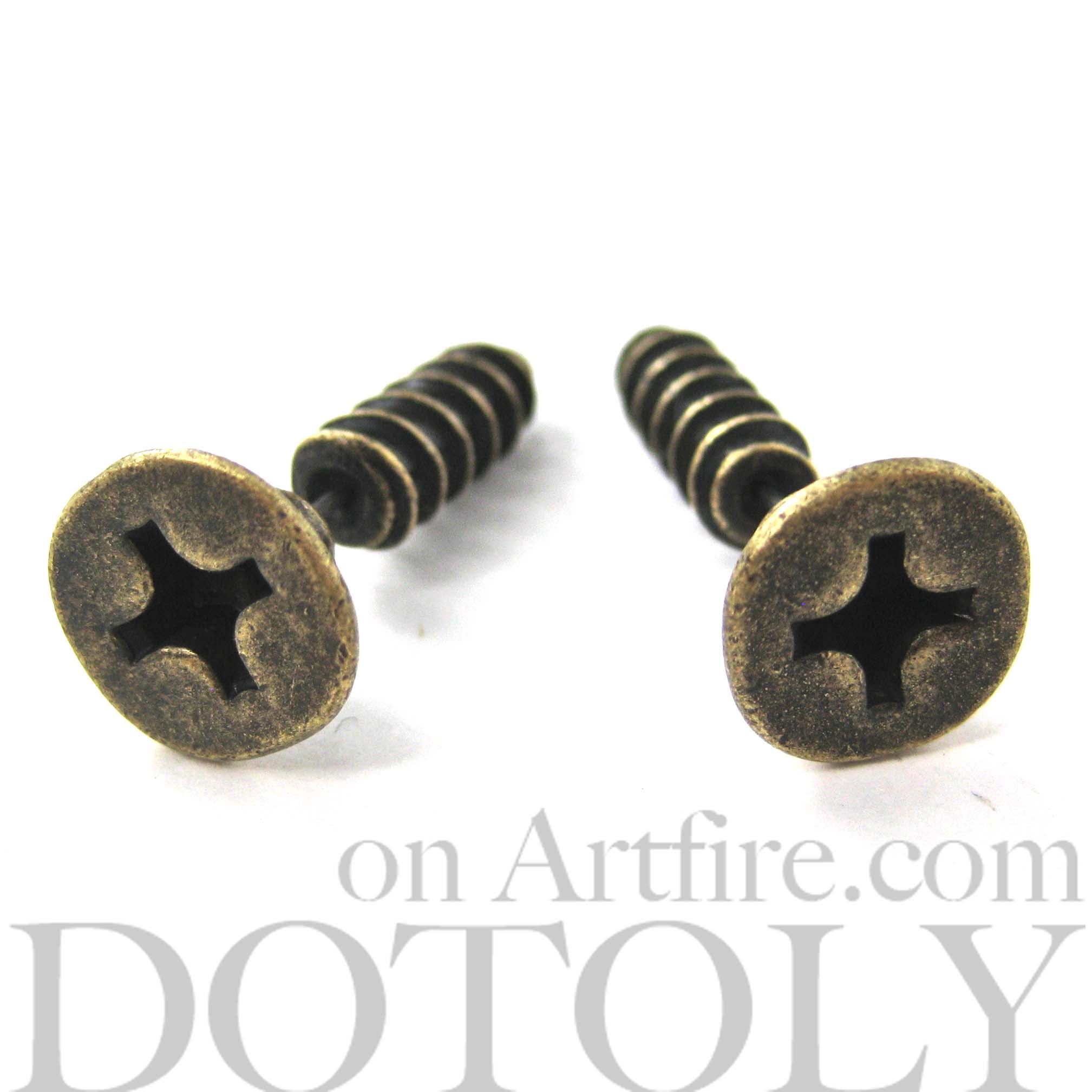3D Fake Gauge Realistic Nuts and Bolts Screw Stud Earrings in Bronze
