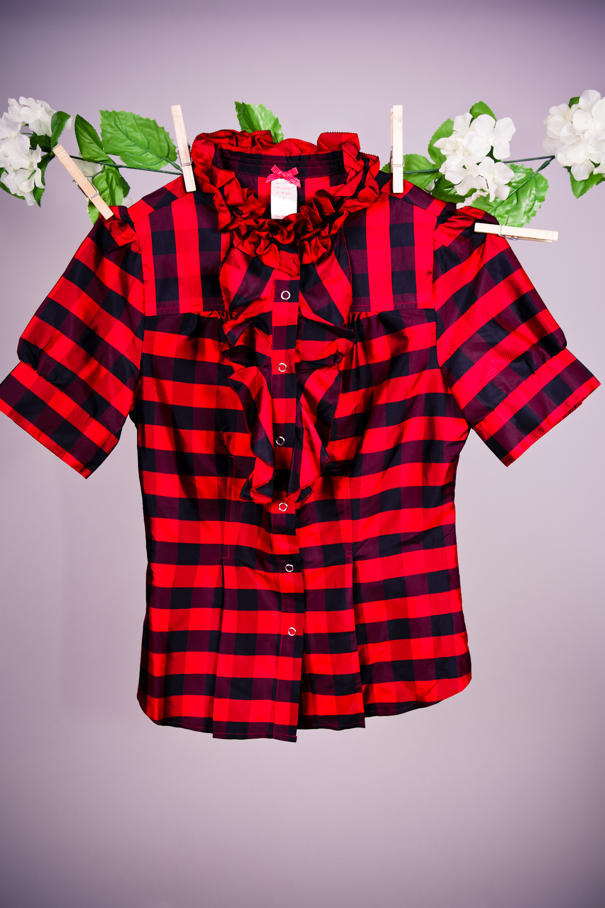 Plaid silk button up with ruffle accent on Storenvy