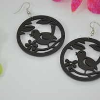 Black wooden bird carving circle fish-hook earrings