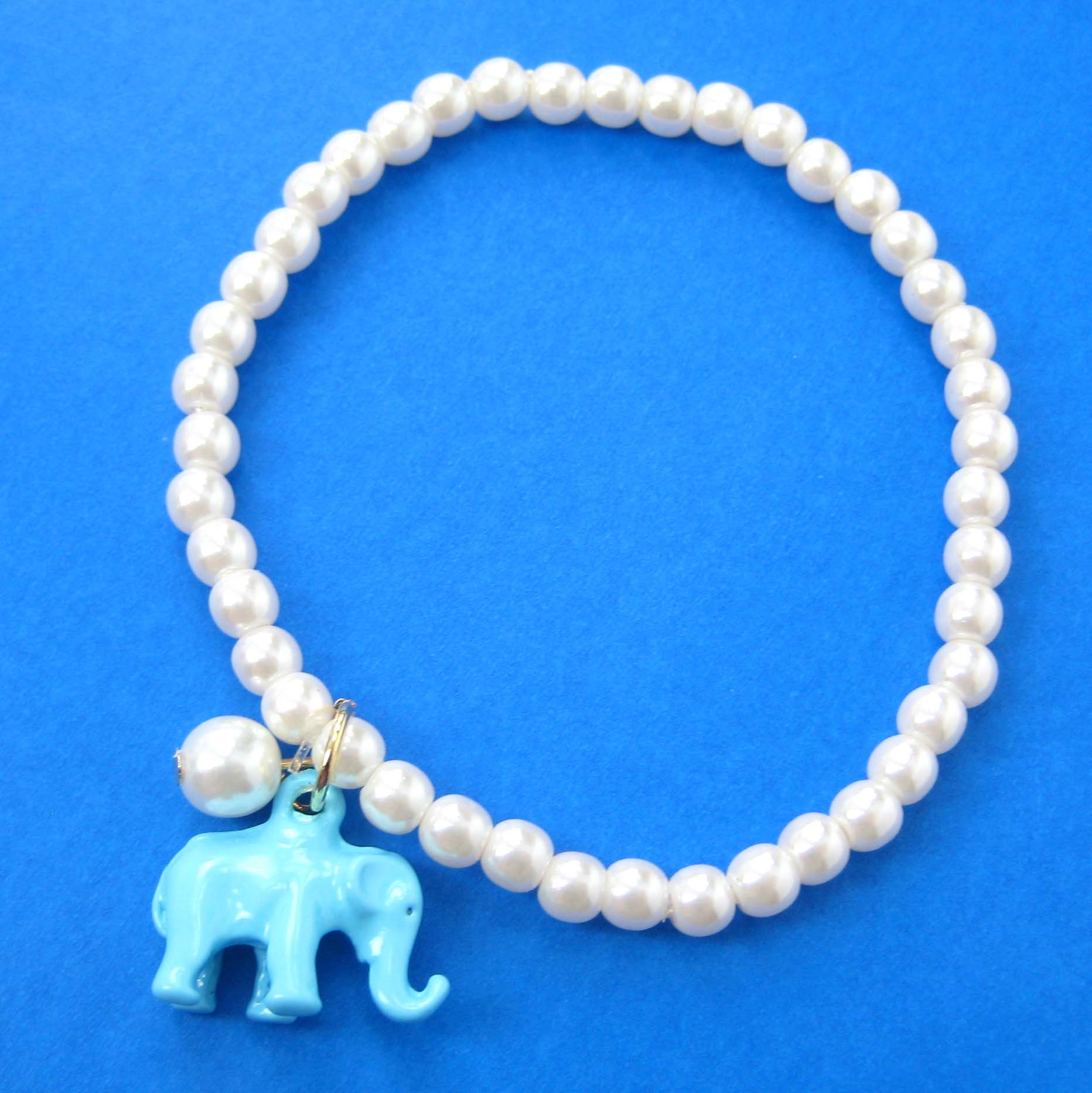 Elephant Animal Stretchy Bracelet in Turquoise Blue with Pearls