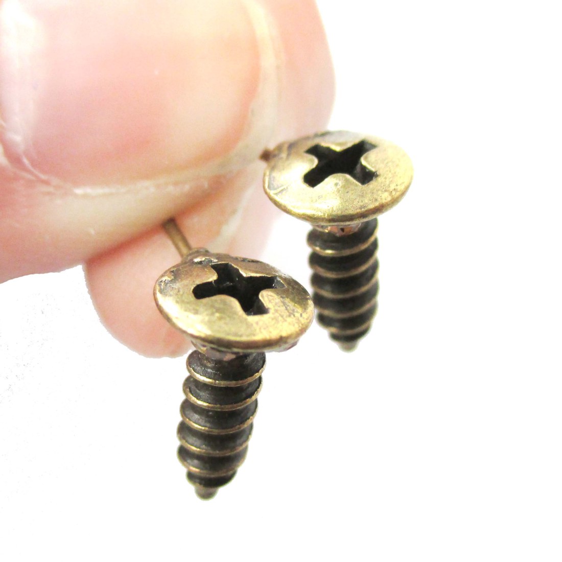 Realistic Screw Shaped Stud Earrings in Brass with Rhinestones · DOTOLY