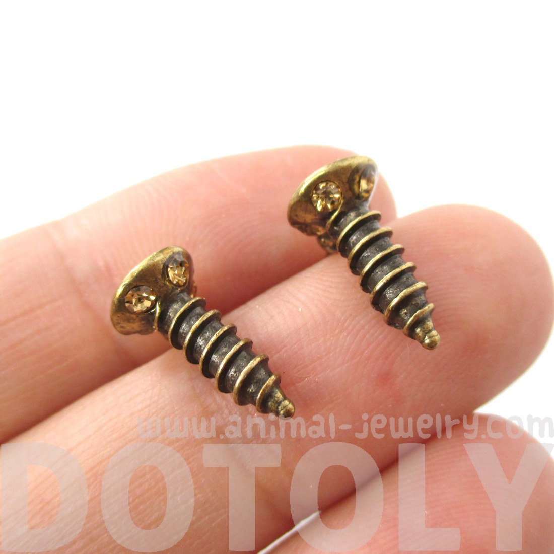 Realistic Screw Shaped Stud Earrings in Brass with Rhinestones · DOTOLY