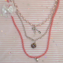 Pink Pearl Donut Pendant Key Spoon Bow Heart Charm Fairy Kei Layered Necklace