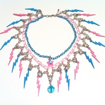 pink blue lightning thunder bolt necklace w pearl metal plastic chain