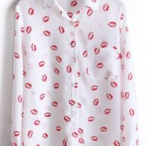 Long Sleeve Red Lips Print Chiffon Shirt