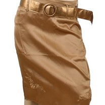 In S or M - Bronze Gold Flower Scallop Embroidered Rockabilly Pencil Skirt w Waist Belt