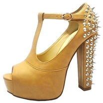 Tan Studded Mary Jane Stack Heel