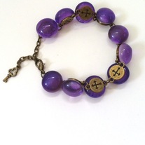 two-sided glass purple marble key bronze metal link gothic cross bracelet