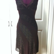 S brown metallic gold thread lace asymmetrical stretch pin-up halter dress