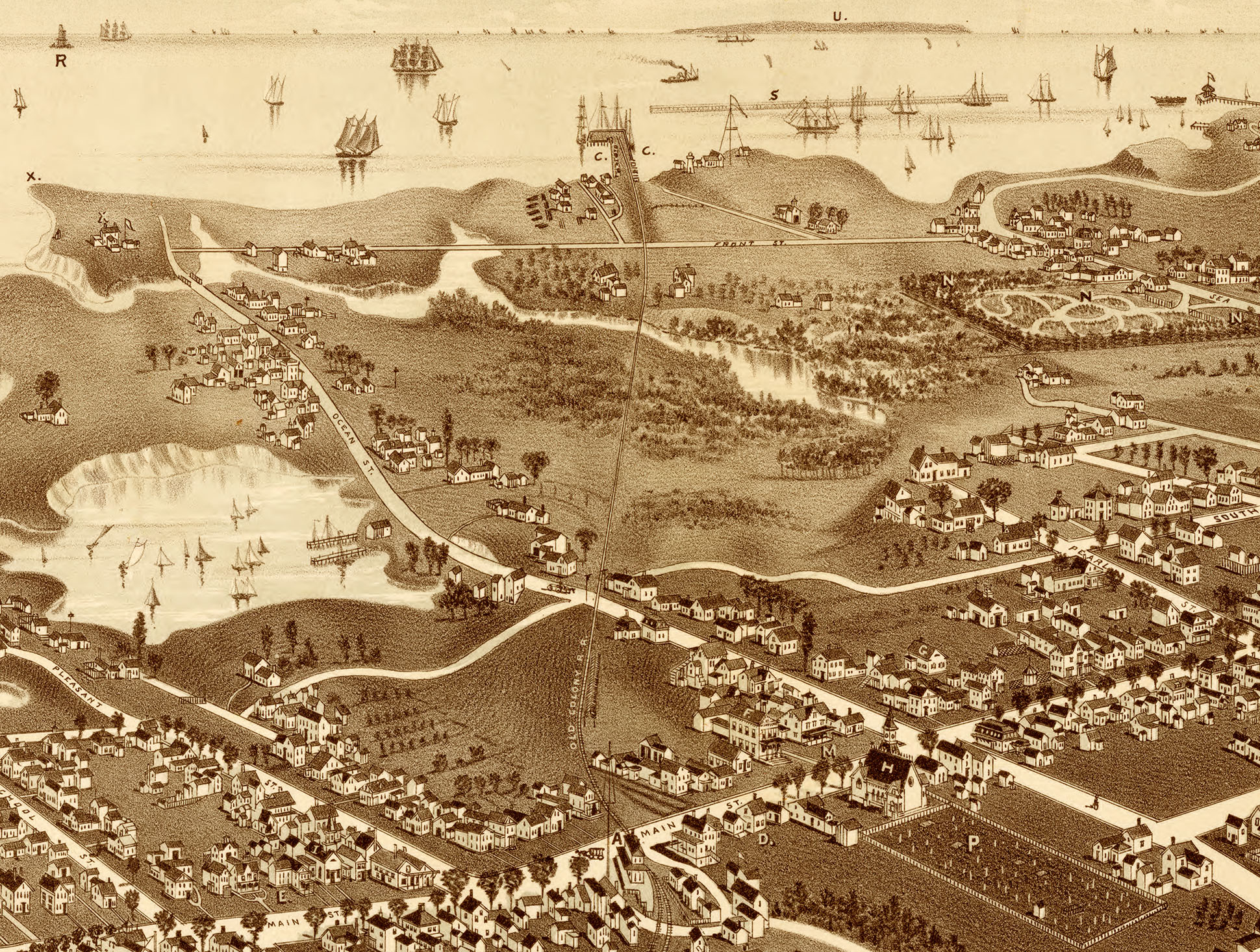 Hyannis, MA in 1884 Bird's Eye View Map, Aerial, Panorama, Vintage