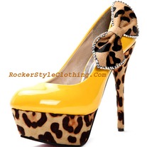 ELEGANT BELLA YELLOW LEOPARD LEATHER HEELS WITH BOW