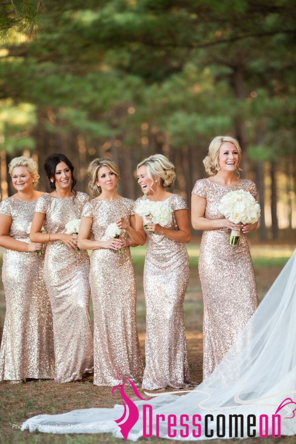 Glittery Bridesmaid Dresses With Sparkly Champagne Sequins Short