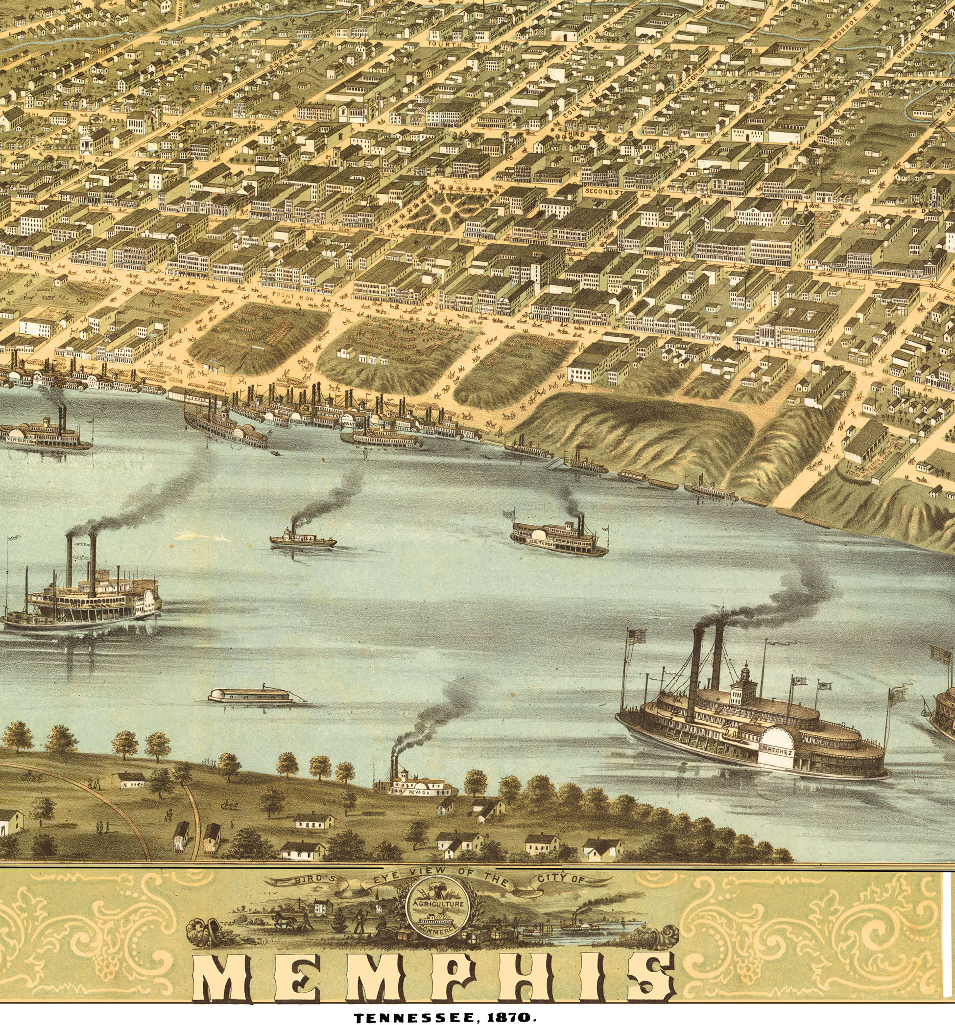Memphis, Tennessee in 1870 Bird's Eye View, Map, Aerial, Panorama