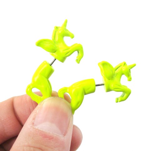 3D Unicorn Pegasus Horse Animal Fake Gauge Earrings in #0: fake gauge earrings mythical unicorn horse animal front and back stud earrings in neon yellow large 3D Unicorn Pegasus Horse Animal Fake Gauge Earrings in #0: fake gauge earrings mythical unicorn horse animal front and back stud earrings in neon yellow large