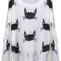 Cat Print Distressed Thin Sweater