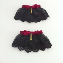 wine red black embroidered lace wrist cuffs bronze sword charm wristlets