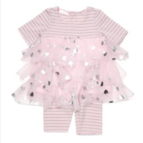 Biscotti Baby Follow Your Heart Striped Knit and Heart Netting Tunic and Legging set -Pink & Silver