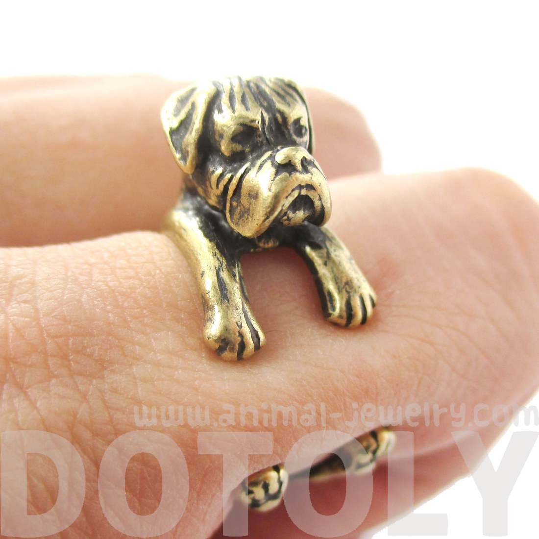 3D Boxer Puppy Animal Wrap Ring in Brass Sizes 4 to 8.5 · DOTOLY