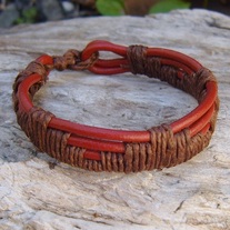 Woven Red Leather and Brown Hemp Bracelet