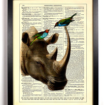 Image of Rhino With Bird Friends, Vintage Dictionary Print, 8 x 10