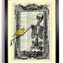 Image of Skeleton In Frame With Birdie, Vintage Dictionary Print, 8 x 10