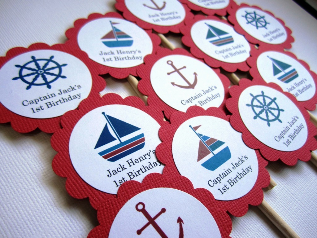 Personalized Nautical Cupcake Toppers in Red for Birthday ...