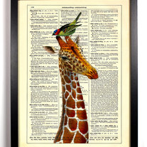 Image of Giraffe With Bird Friend, Vintage Dictionary Print, 8 x 10